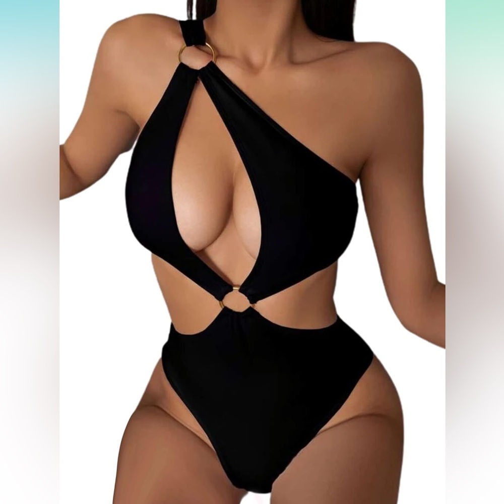 Sexy Swimsuit Cutout Halter One Piece High Cut Bathing Suit Gold Ring Bikini